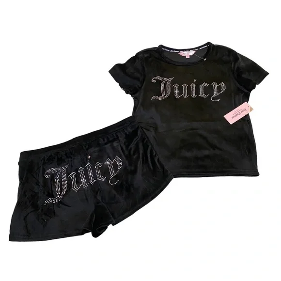 Juicy Couture Velour Black Pajamas Set Shorts with Rhinestones - Picture 2 of 6